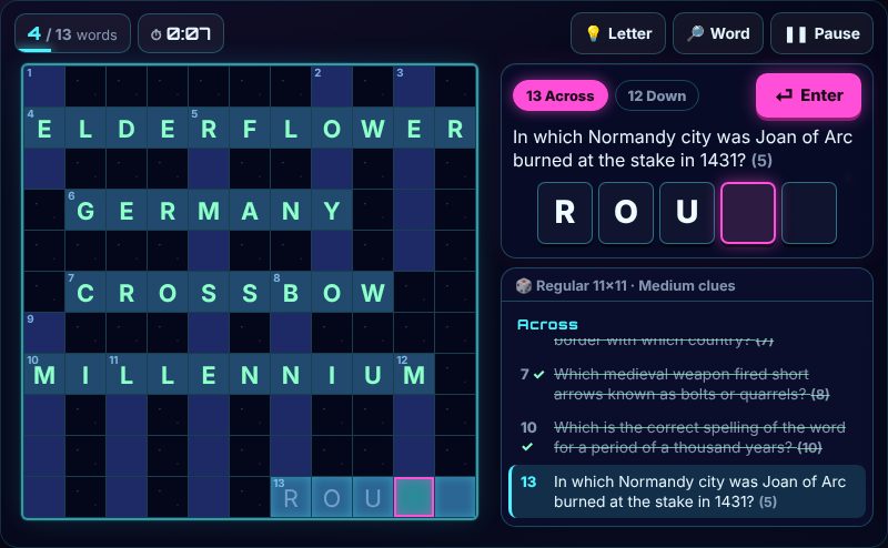 Crossword being played on Neon Game Cave