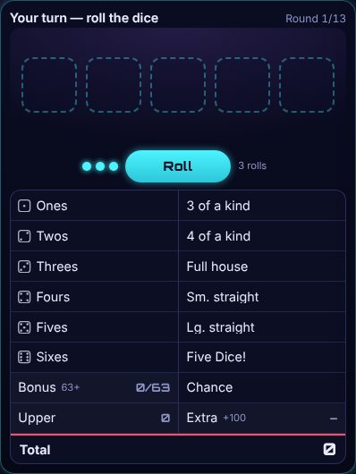 Five Dice being played on Neon Game Cave