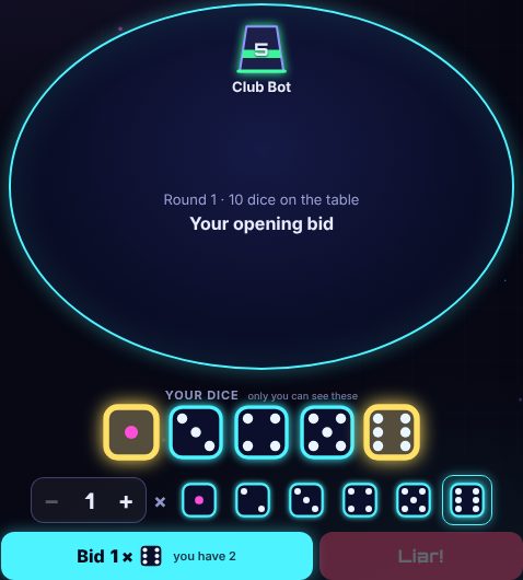 Liar's Dice being played on Neon Game Cave
