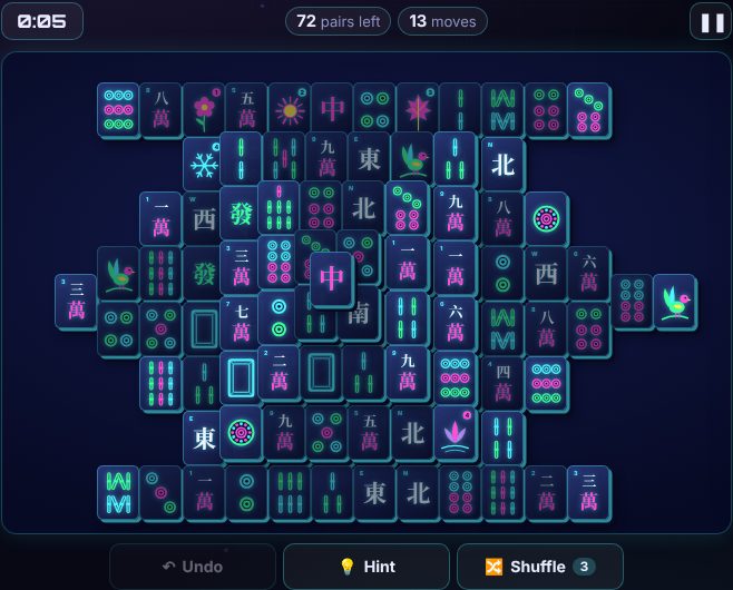 Mahjong being played on Neon Game Cave