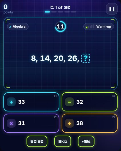 Maths Quiz being played on Neon Game Cave