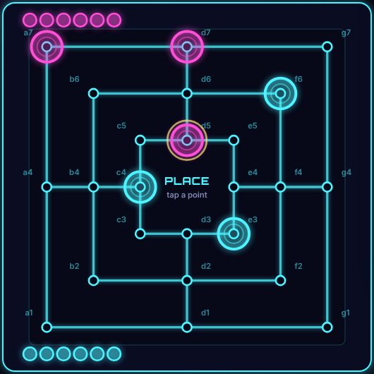 Nine Men's Morris being played on Neon Game Cave