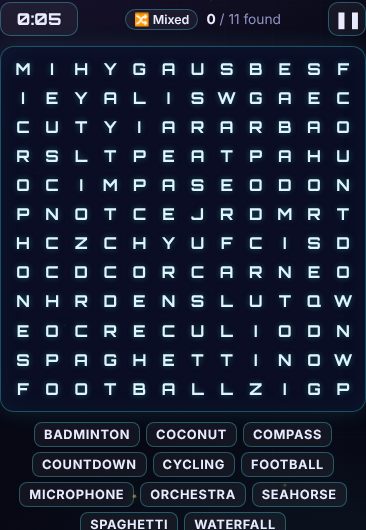Word Search being played on Neon Game Cave